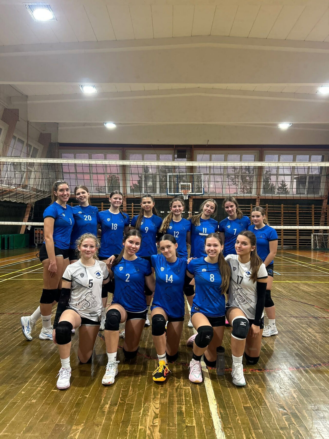 Volleyball match in progress in a hall decorated with a Croatian flag
